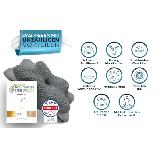 Ortopedický polštář Ergo pro všechny typy spánků, profilovaná paměťová pěna,  proti bolesti šíje a ramen, 63 x 38 x 14 cm, šedá