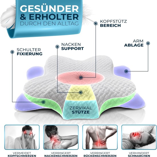 Ortopedický polštář Ergo pro všechny typy spánků, profilovaná paměťová pěna,  proti bolesti šíje a ramen, 63 x 38 x 14 cm, bílá