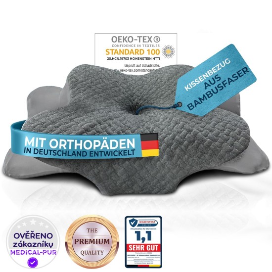 Ortopedický polštář Ergo pro všechny typy spánků, profilovaná paměťová pěna,  proti bolesti šíje a ramen, 63 x 38 x 14 cm, šedá
