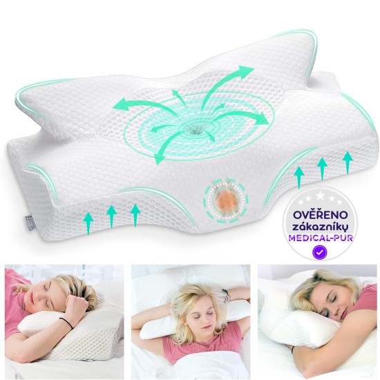 Ortopedický polštář Elviros pro spaní na břiše a bocích, profilovaná paměťová pěna,  proti bolesti šíje a ramen, 64 x 40 x 13 cm, bílá