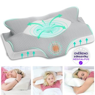 Ortopedický polštář Elviros pro spaní na břiše a bocích, profilovaná paměťová pěna,  proti bolesti šíje a ramen, 64 x 40 x 13 cm, stříbrná