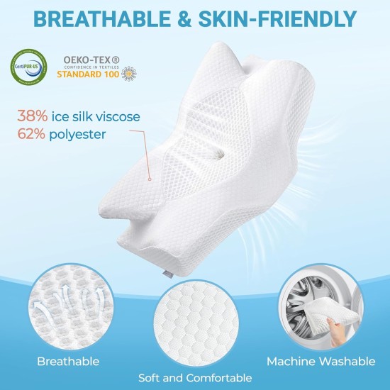 Ortopedický polštář Elviros pro spaní na břiše a bocích, profilovaná paměťová pěna,  proti bolesti šíje a ramen, 64 x 40 x 13 cm, stříbrná