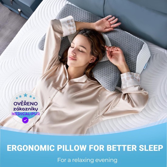 Ortopedický polštář Elviros pro spaní na břiše a bocích, profilovaná paměťová pěna,  proti bolesti šíje a ramen, 64 x 40 x 13 cm, stříbrná