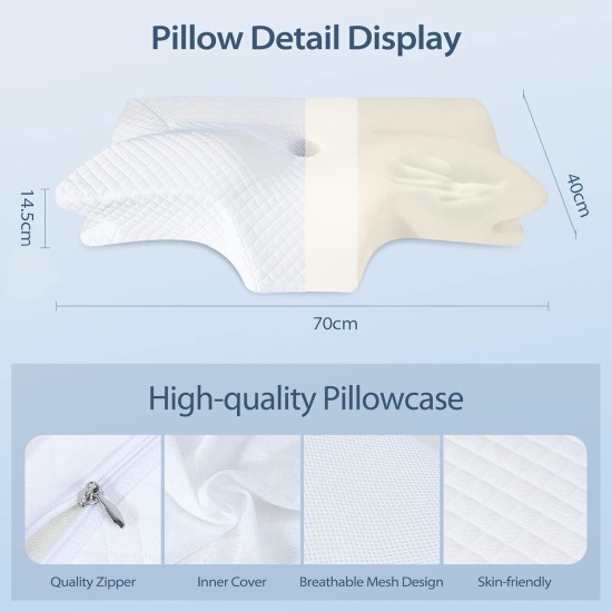 Ortopedický polštář Homca pro všechny typy spánků, profilovaná paměťová pěna,  proti bolesti šíje a ramen, 70 x 40 x 8,5/14,5cm, bílá