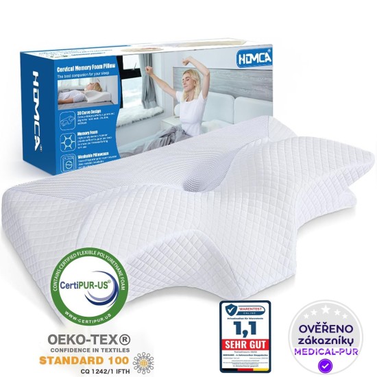 Ortopedický polštář Homca pro všechny typy spánků, profilovaná paměťová pěna,  proti bolesti šíje a ramen, 70 x 40 x 8,5/14,5cm, bílá