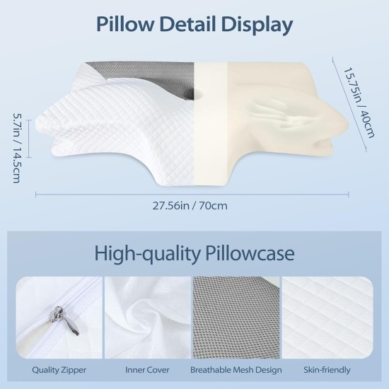 Ortopedický polštář Homca pro všechny typy spánků, profilovaná paměťová pěna,  proti bolesti šíje a ramen, 70 x 40 x 8,5/14,5cm, šedá