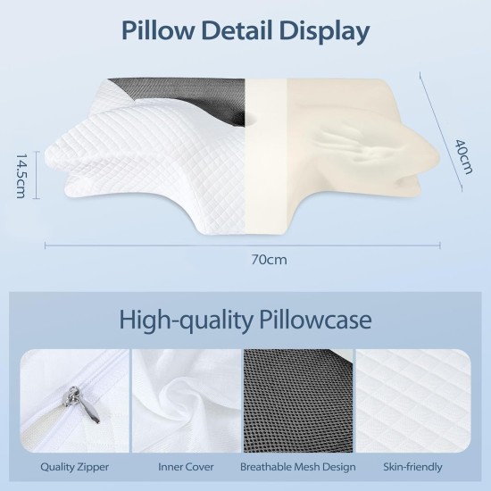 Ortopedický polštář Homca pro všechny typy spánků, profilovaná paměťová pěna,  proti bolesti šíje a ramen, 70 x 40 x 8,5/14,5cm, černá