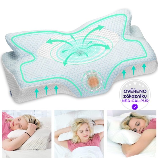 Ortopedický polštář Elviros pro spaní na břiše a bocích, profilovaná paměťová pěna,  proti bolesti šíje a ramen, 64 x 40 x 13 cm, modrá