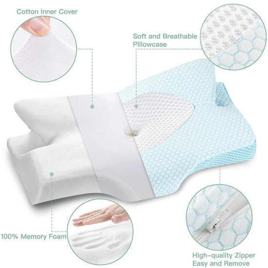 Ortopedický polštář Elviros pro spaní na břiše a bocích, profilovaná paměťová pěna,  proti bolesti šíje a ramen, 64 x 40 x 13 cm, modrá