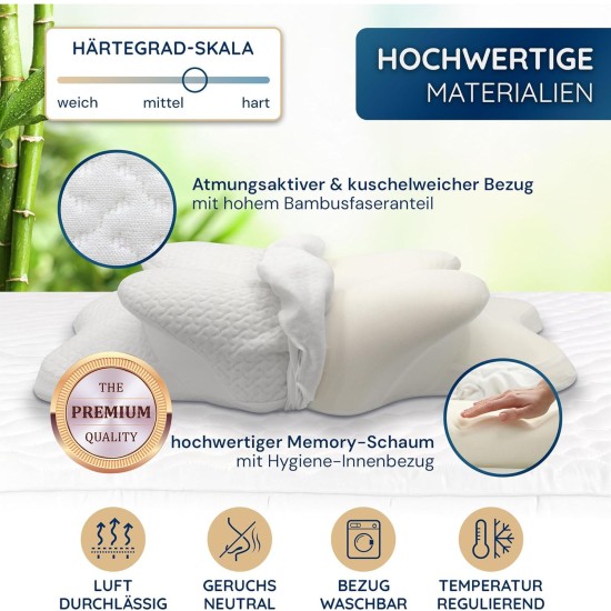 Ortopedický polštář Bamboo pro všechny typy spánků, profilovaná paměťová pěna,  proti bolesti šíje a ramen, 64 x 40 x 14/11 cm, bílá