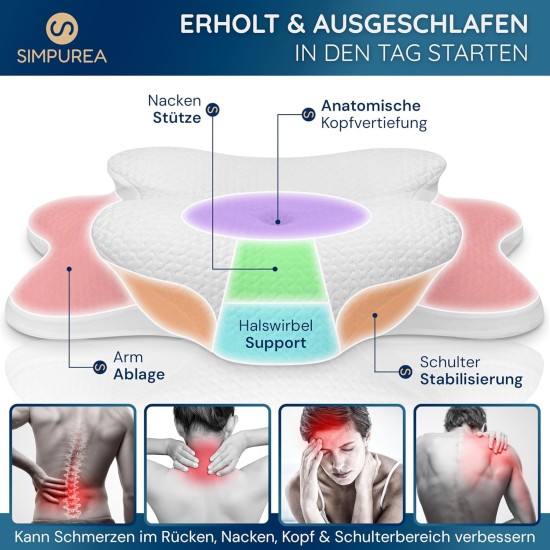 Ortopedický polštář Bamboo pro všechny typy spánků, profilovaná paměťová pěna,  proti bolesti šíje a ramen, 64 x 40 x 14/11 cm, bílá