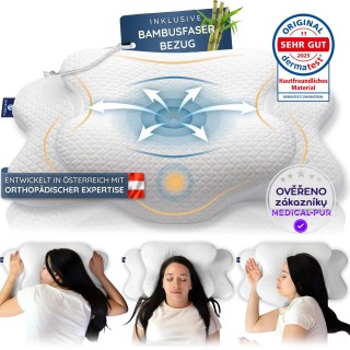 Ortopedický polštář Bamboo pro všechny typy spánků, profilovaná paměťová pěna,  proti bolesti šíje a ramen, 64 x 40 x 14/11 cm, bílá