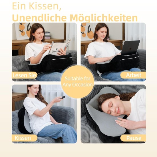 Polštář na čtení z paměťové pěny s postranními kapsami, ergonomický sedák pro domácí pohodu a uvolnění v posteli, šedý