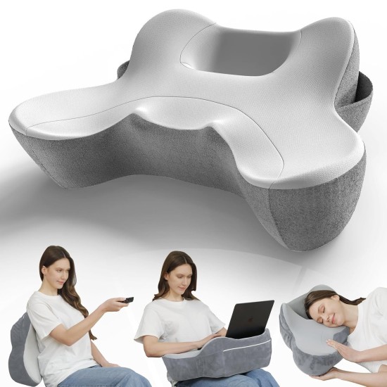 Polštář na čtení z paměťové pěny s postranními kapsami, ergonomický sedák pro domácí pohodu a uvolnění v posteli, šedý