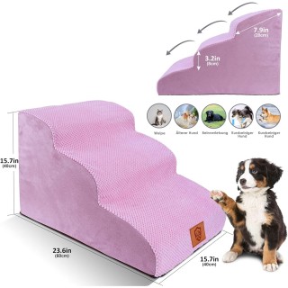 Schůdky pro psy 3stupňové, schody pro domácí zvířata, pratelný potah, protiskluzové dno, 60 x 40 cm, růžové