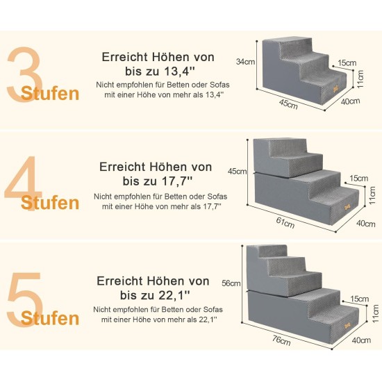 Schůdky pro psy 2stupňové, schody pro domácí zvířata, pratelný potah, protiskluzové dno, 55 x 40 cm, šedé