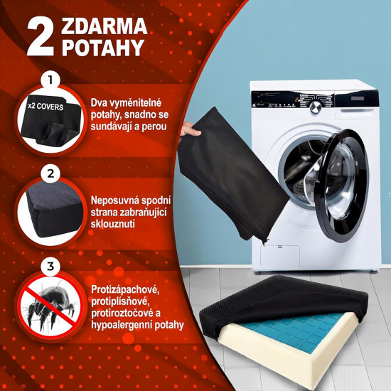 Ortopedický DaymandCare prémiový sedák 45 x 43 x 7 cm z viskoelastického materiálu a chladicího gelu se 2 potahy