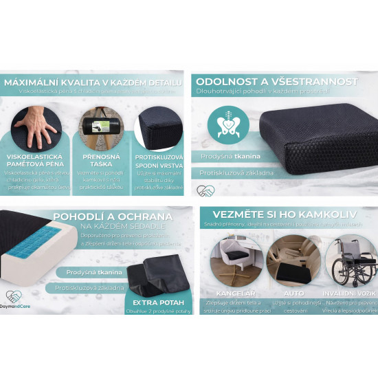 Ortopedický DaymandCare prémiový sedák 45 x 43 x 7 cm z viskoelastického materiálu a chladicího gelu se 2 potahy