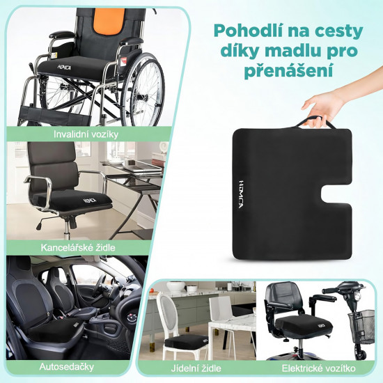 Ortopedický Homca sedací polštář 40 x 45 x 7,5 cm pro invalidní vozík, Memory Foam, proti hemoroidům a pro komfort sezení