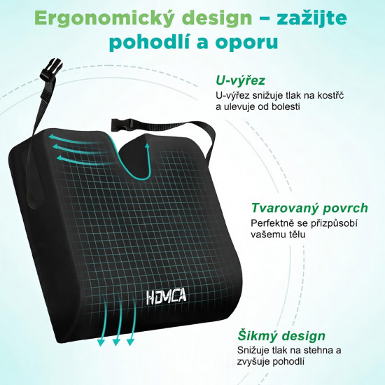 Ortopedický Homca sedací polštář 40 x 45 x 7,5 cm pro invalidní vozík, Memory Foam, proti hemoroidům a pro komfort sezení