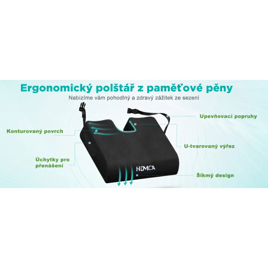 Ortopedický Homca sedací polštář 40 x 45 x 7,5 cm pro invalidní vozík, Memory Foam, proti hemoroidům a pro komfort sezení