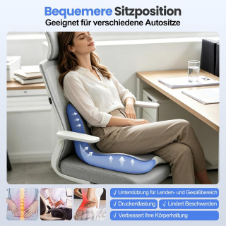 Ortopedická sedací podložka z opěrkou XL, paměťová pěna, ergonomická, proti bolesti kyčlí a kostrče,  47 x 43 x 32 cm 
